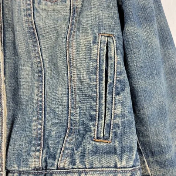 GAP Denim Trucker Jacket Women Medium Sherpa Lined Snap Button Pockets Blue - Picture 6 of 12